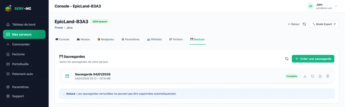 Panel Backups tab: create, restore, download and lock