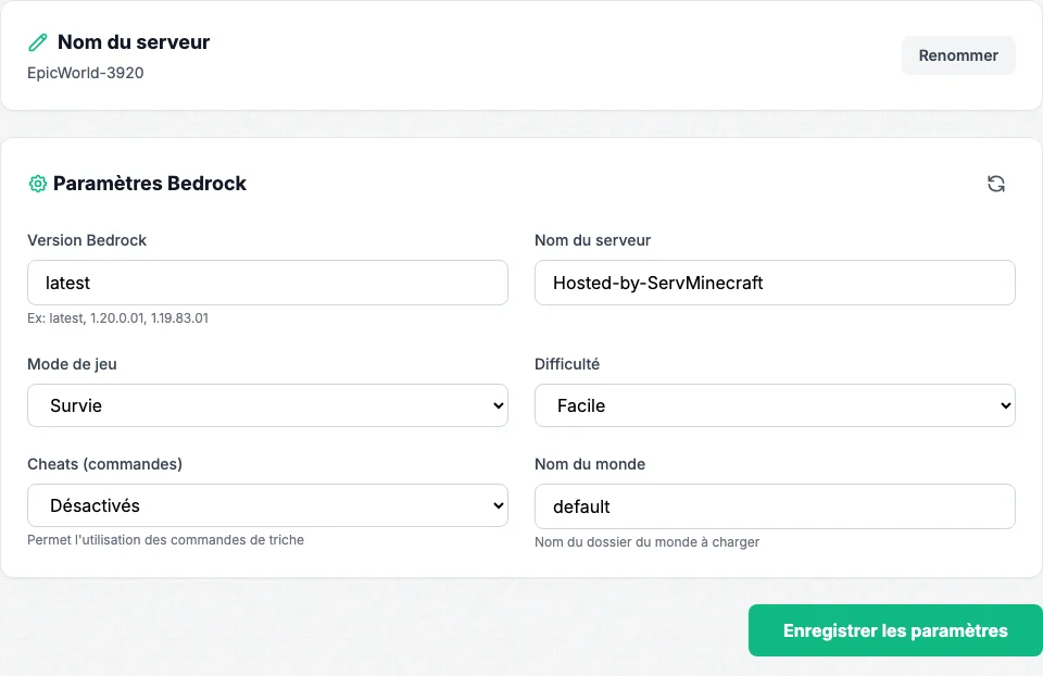 Paramètres (Settings) tab of a Bedrock server: version, server name, game mode, difficulty, cheats, world name