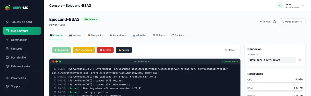 Panel Console tab: the last lines before the shutdown