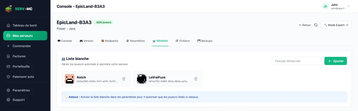 Panel Whitelist tab: adding allowed usernames